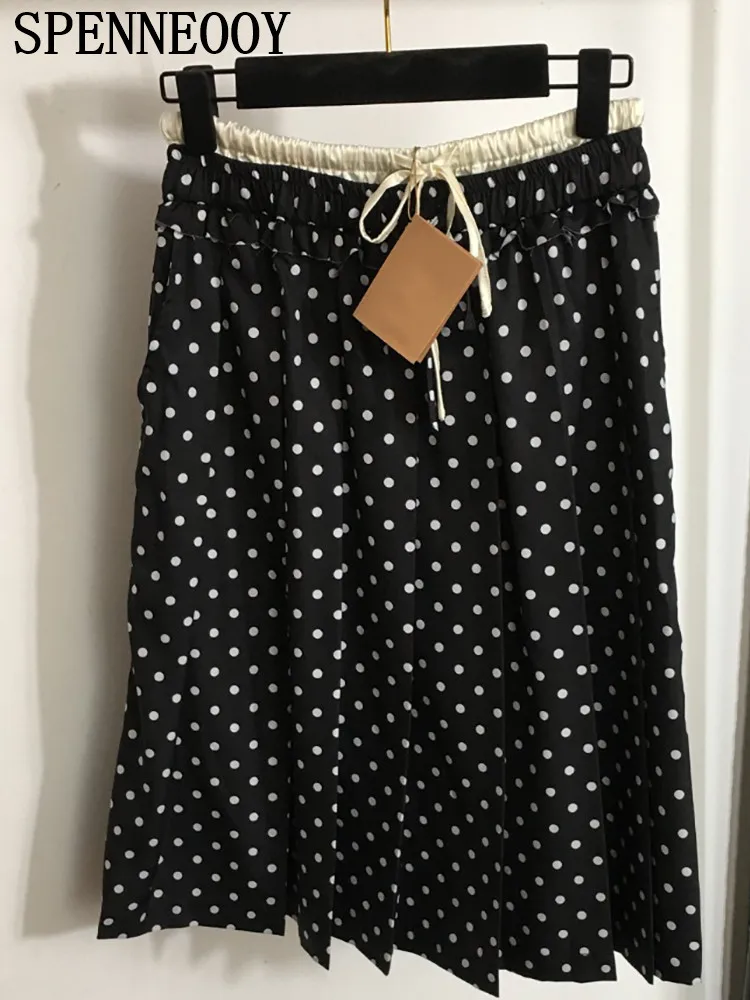 Spenneooy Fashion Runway Summer Party Casual Polka Dot Print Knee-Length Skirt Women\'s Drawstring Waist Slim A-Line Long Skirt