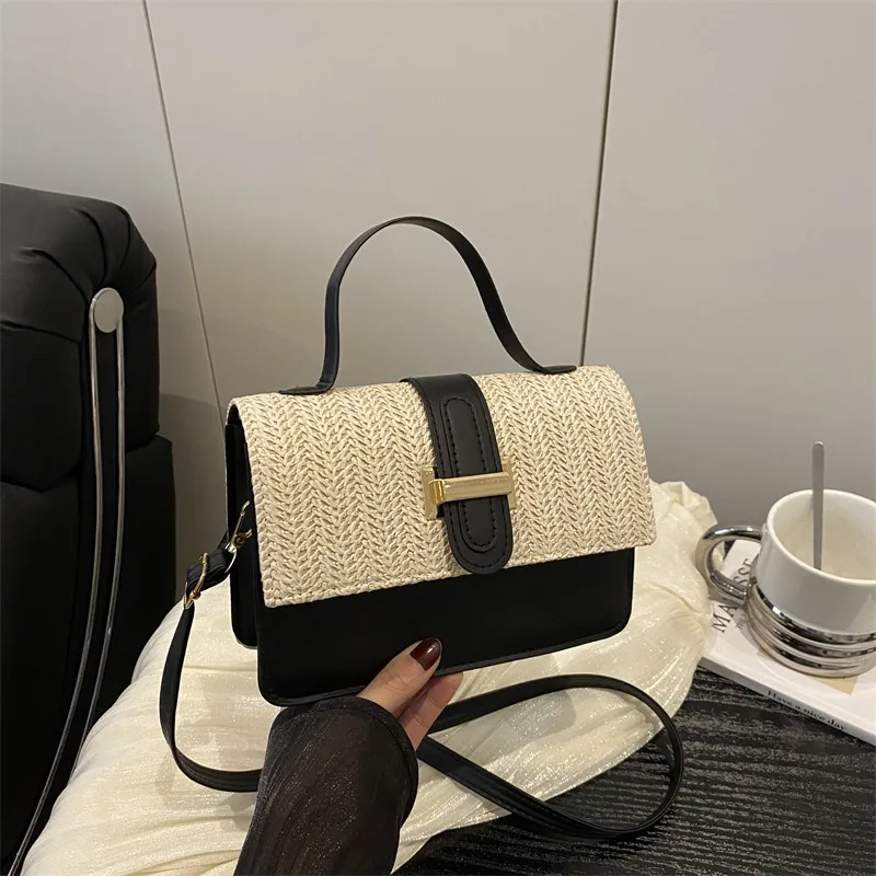 Straw Woven Leather Splicing Crossbody Bag, Fashion Versatile, Simple Contrasting Color Women's Shoulder Bag, Chain Banquet Bags