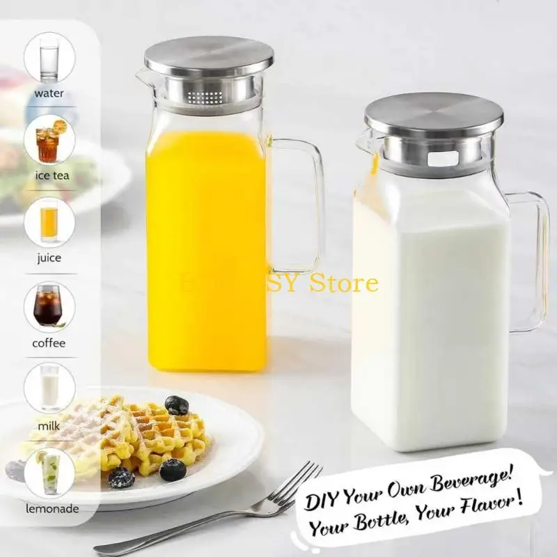 E28F Modern Square Glass Jugs With Handle And Tight Seal Office Water Dispenser For Hot Cold Drink And Storage