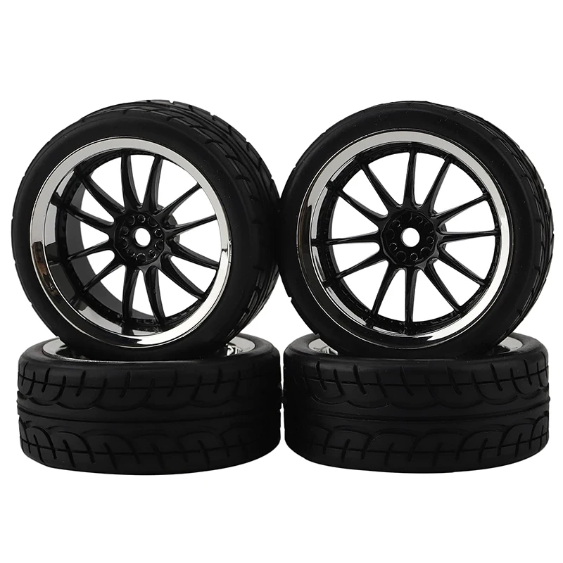 RC 1/10 Tires and Wheels Set, 12mm Hex Hub Wheel Rims RC Tires (65mm Diameter), 12-Spoke Plating Soft Rubber Tires for 1:10 car