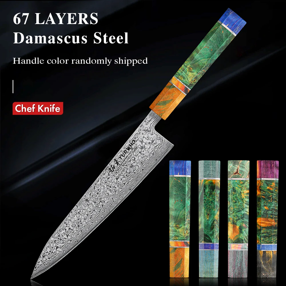 

TURWHO 8"Damascus Chef Knife Stabilized Wood Handle Japanese Slicing Knife Sushi Multi-Purpose Cutting Chef Knife Cooking Tools