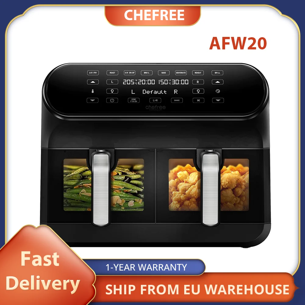 CHEFREE AFW20 Dual Air Fryer, with Viewing Window, 8L Family Sized, Nonstick, 8-in-1 Smart Programmes, Dishwasher Safe, Roast