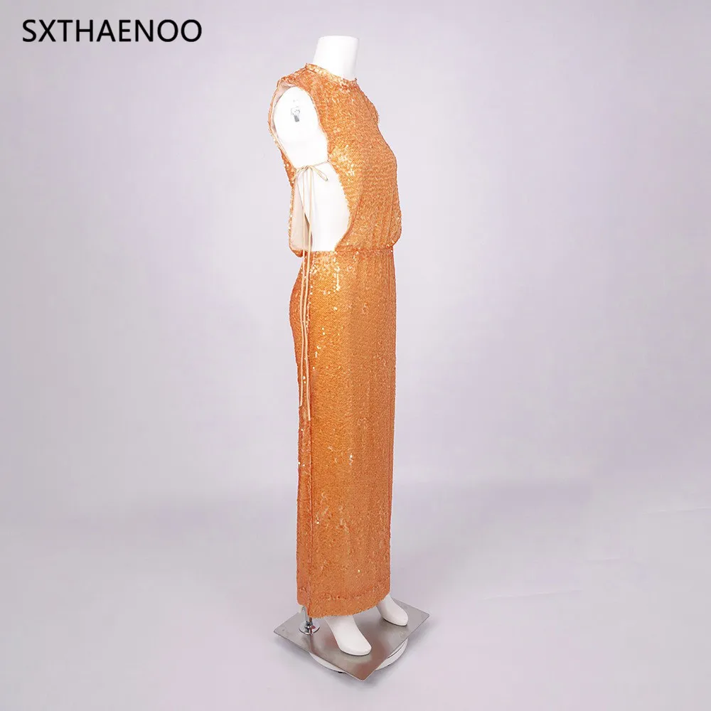 SXTHAENOO فساتين طويلة بدون أكمام ترتر ذهبي براقة فستان رسمي متألق للحفلات والسجادة الحمراء ملابس نسائية أنيقة 2025 #5