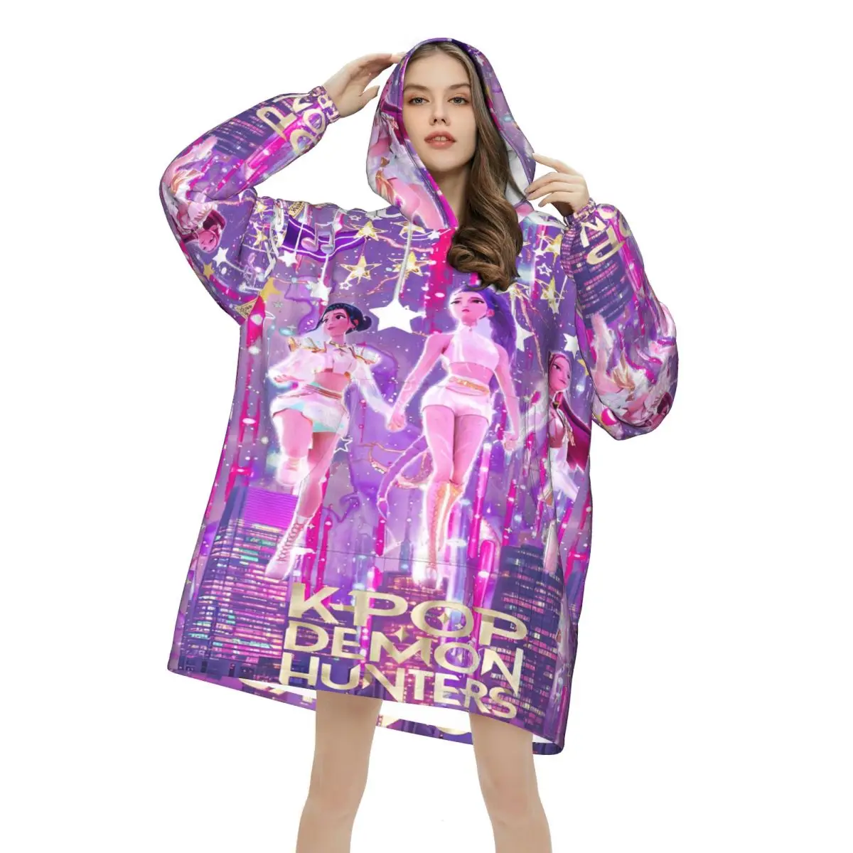 

KPop Demon Hunters Huntrix Wearable Blanket Hoodie for Women Men Warm Cozy Blanket Sweatshirt Thick Fleece Hooded Blanket