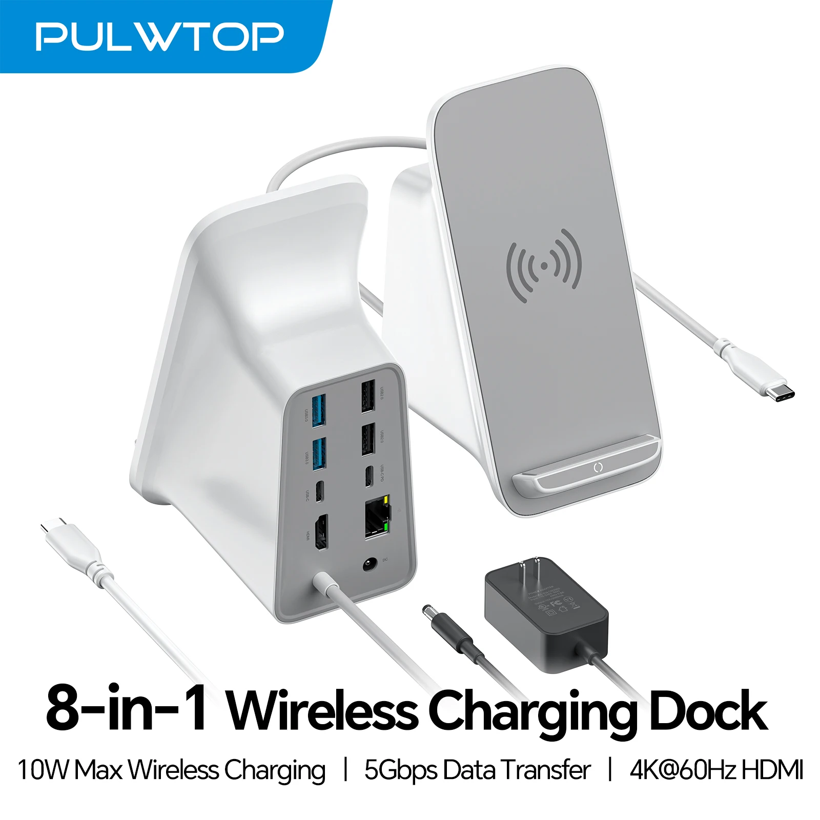 PULWTOP USB C Docking Station with 10W Max Wireless Charging Pad, HDMI 4K@60Hz, USB A/C Ports, PD 100W, RJ45 for MacBook/Laptop