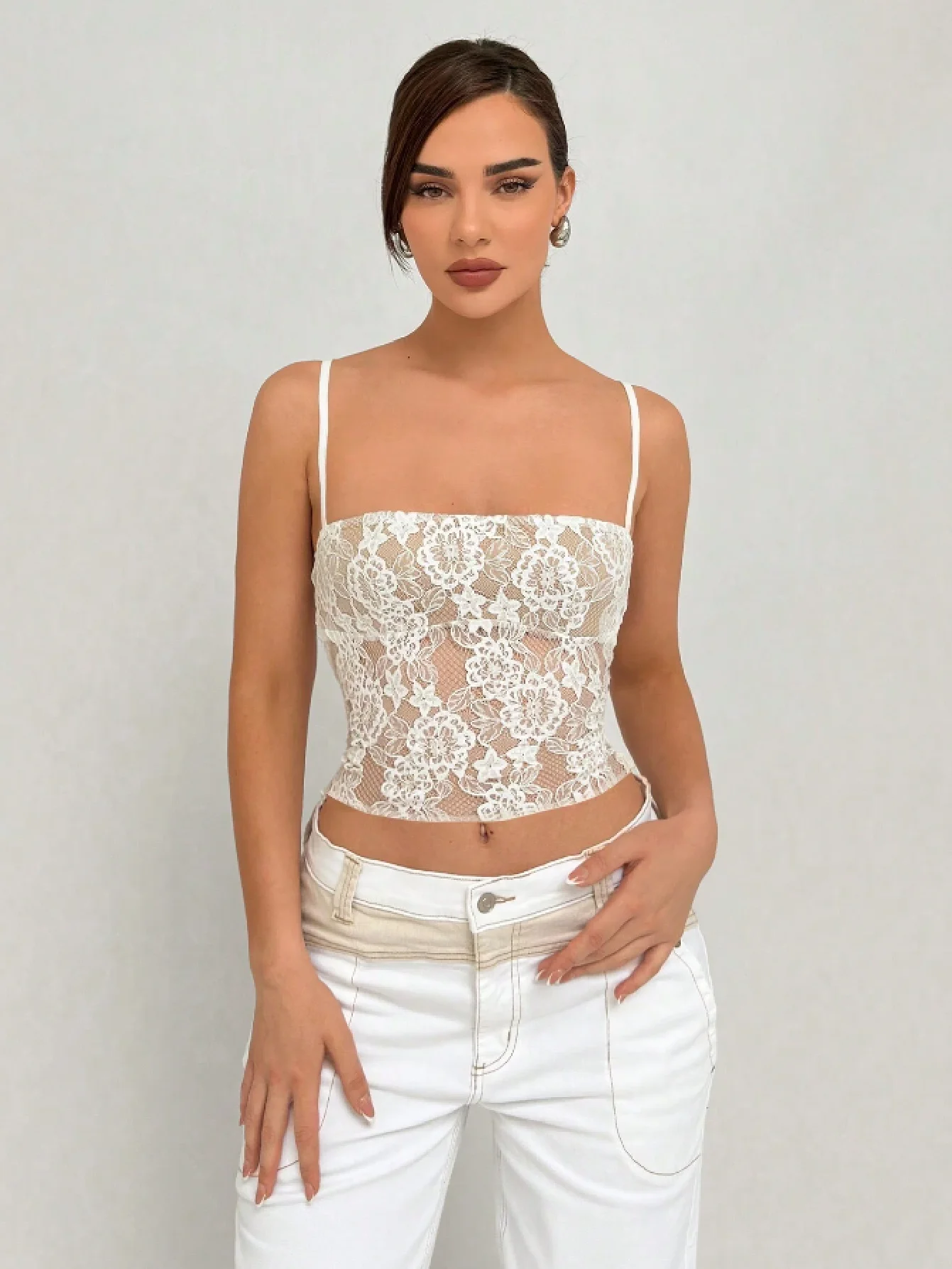 Women's White Floral Lace Camisole Sheer Mesh Crop summer tank Top Crisscross Back Tie-Up Spaghetti Strap Cami Top