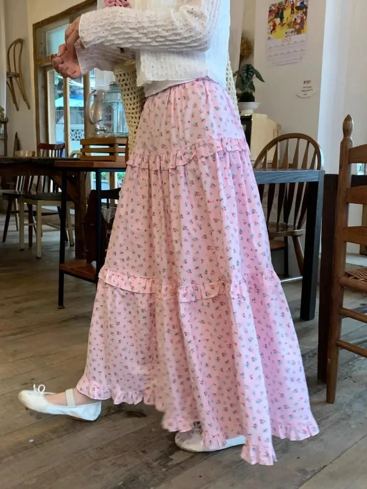 กระโปรงยาวลายดอกไม้สำหรับผู้หญิง สไตล์วินเทจ ผ้าพลิ้ว ยืดได้ เอวสูง แฟชั่นลำลอง สำหรับฤดูใบไม้ผลิและฤดูร้อน