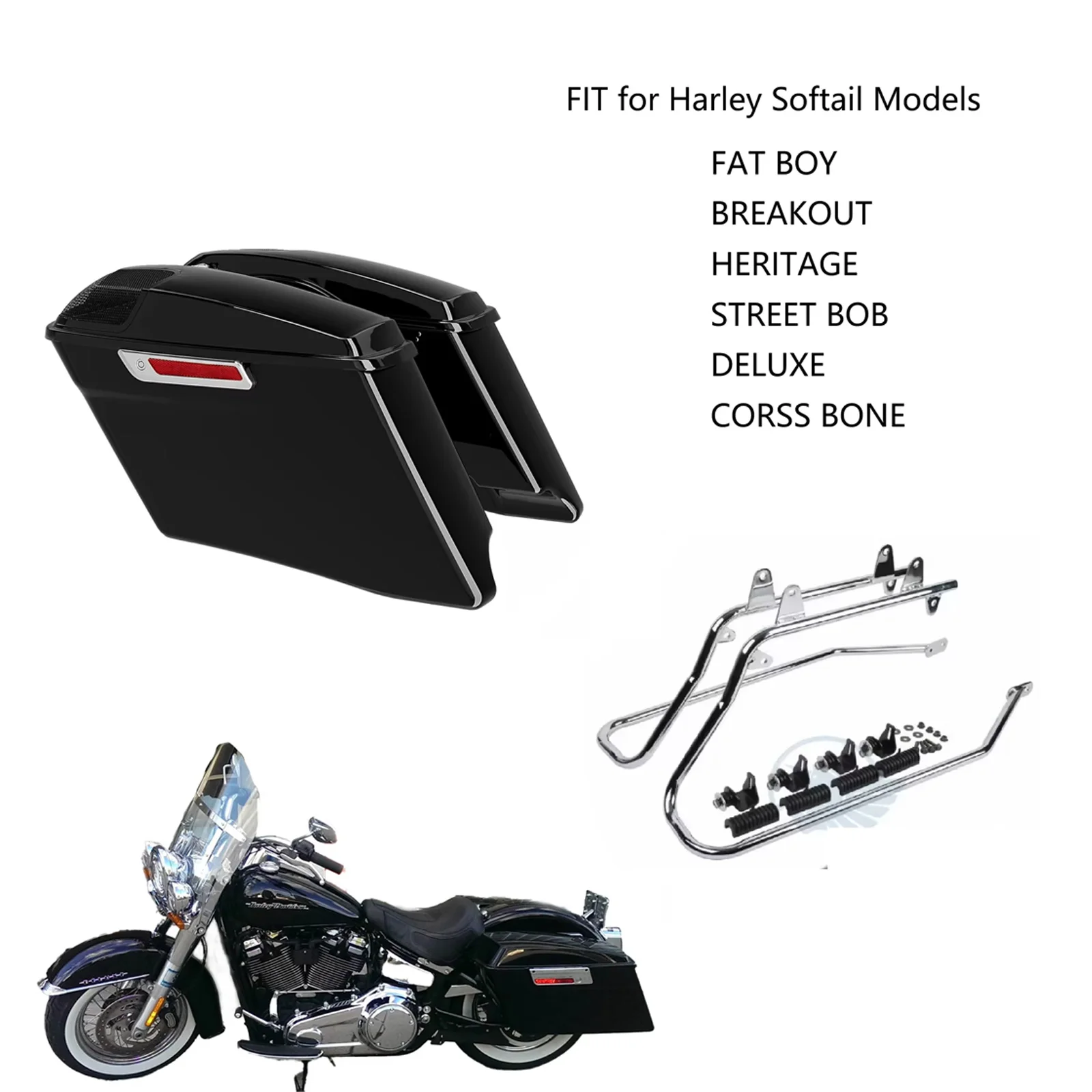 

Motorcycle Hard ABS Saddle Side Bags Boxes Cases Saddlebags with Conversion Bracket For Harley Softail Custom Fat boy Deluxe
