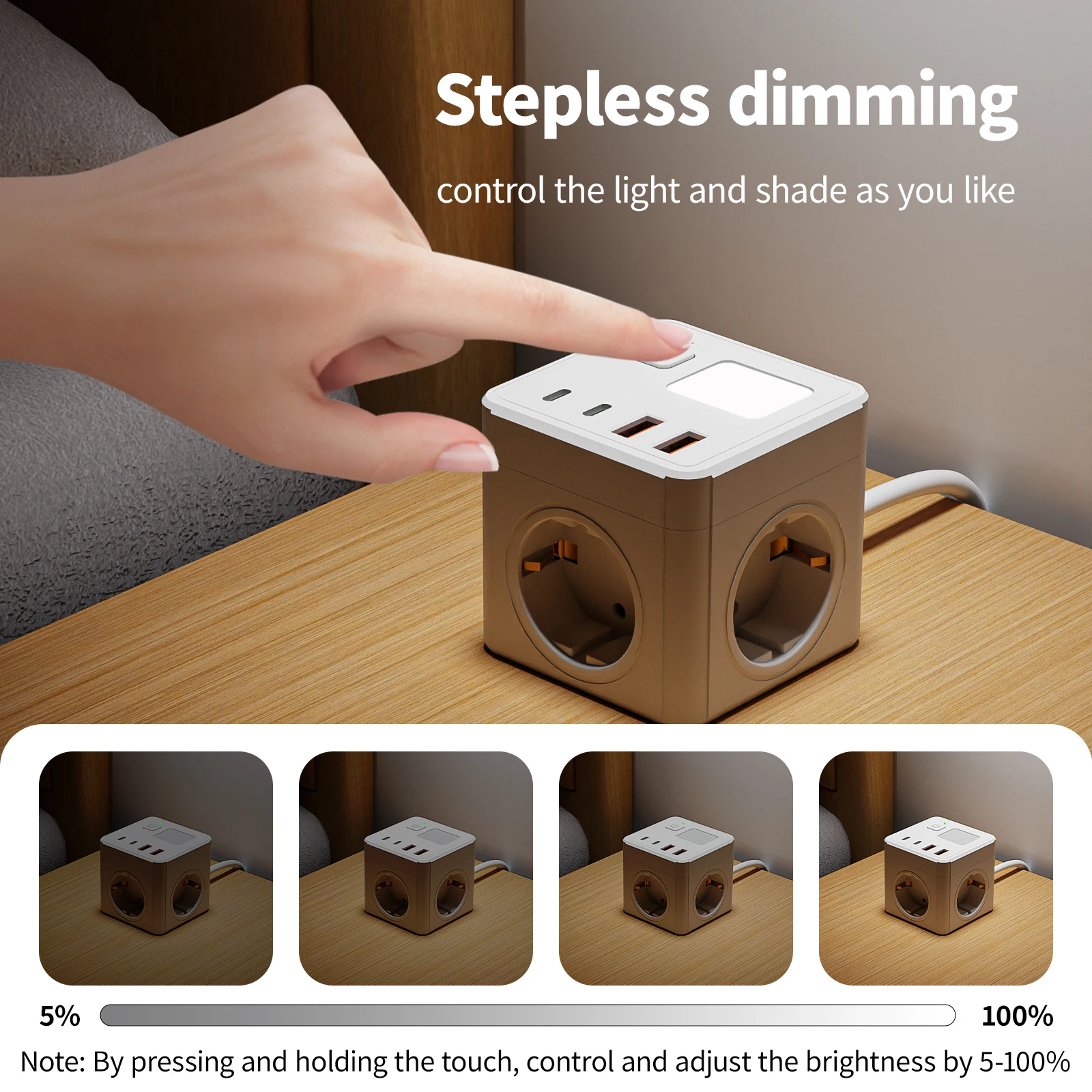 1 EU 8-in-1 power socket, with 1.5-meter extension cord power board, 3 AC sockets & 2 USB & 2 Type-C & dimmable small night ligh - view 4