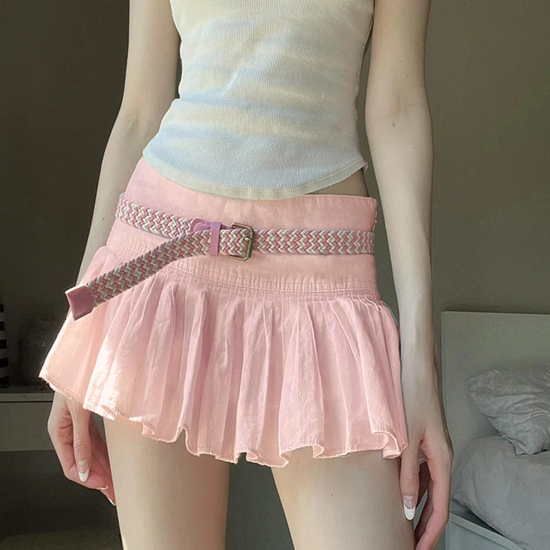 Darlingaga Sweet Cute Low Waist Pink Pleated Skirt Korean Fashion Girls Coquette Clothes Summer Mini Skirt Women Prepy Style New