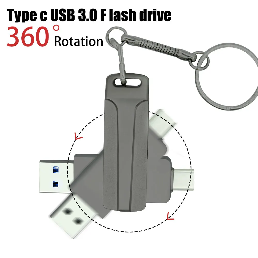 C타입 듀얼 포트 USB 플래시 드라이브, 금속 회전식 USB 3.0 펜 드라이브, 비즈니스 크리에이티브 선물, 플래시 디스크 메모리 스틱, 128GB, 64GB