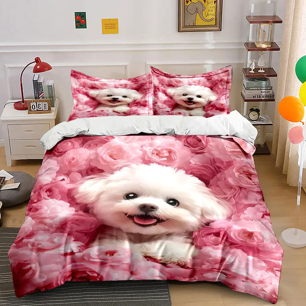 

White puppy surrounded by pink flowers Pattern Duvet Cover Set Digital Print Colorful Polyester Bedding with Zipper Closur