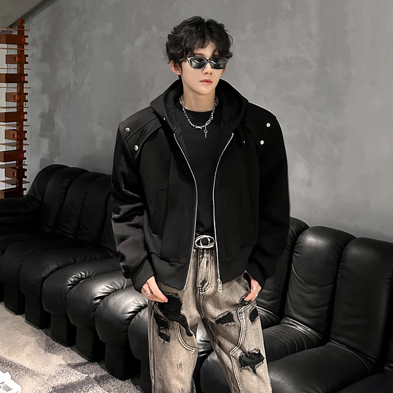 

Fall Heavy oulder Padded Zipper Deconstructed Hoodie Men ort High Sensation Cool Thiened Jaet Coat Casual Long Sve