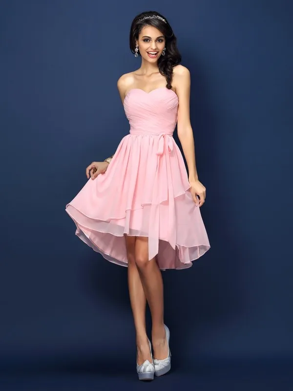 Vintage Short Chiffon Sweetheart Bridesmaid Dresses With Sash A-Line Pink Hi-Lo Zipper Back Wedding Guest Gowns for Women