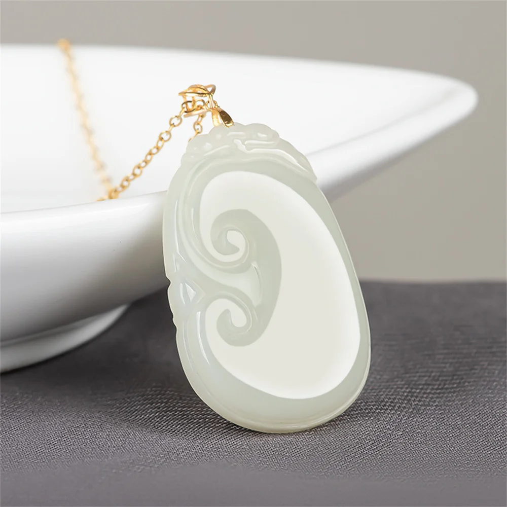 18K Gold Natural White HeTian Jade Carved RuYi Design Lucky Pendant Trendy Amulet Necklace Certificate Luxury Jade Jewelry