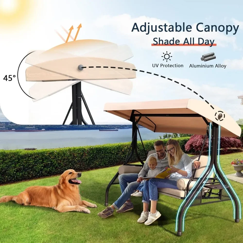 Качели для патио, 3-местные уличные качели с регулируемым навесом, утолщенная подушка, подушка и складной боковой поднос для патио