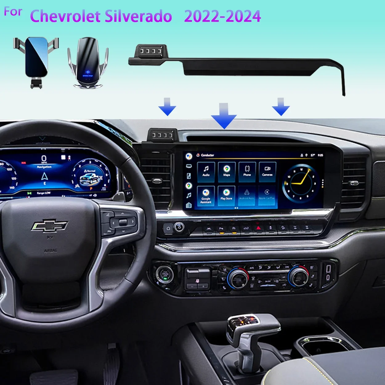 For Chevrolet Silverado 2022-2024 Car Specific Phone Holder with Wireless Charging Dashboard Mount Direct Fit Accessory