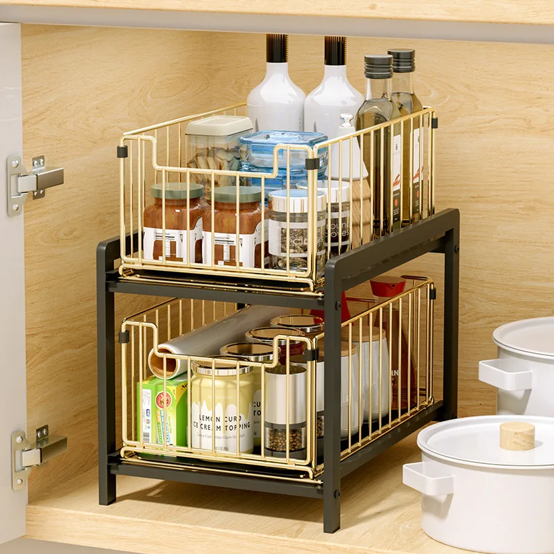 Suitable for Double lower sink rack, cabinet, drawer type retractable countertop, daily necessities, seasonings, storage rack, A