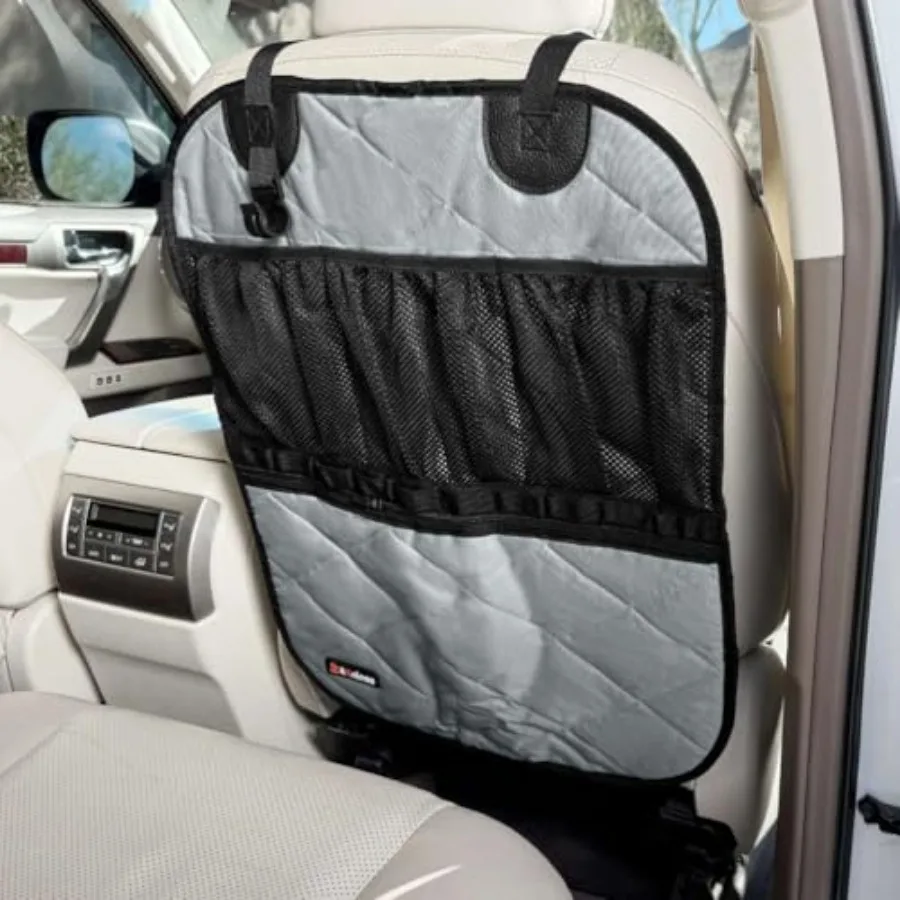 

Car Seat Back Organizer Heavy-Duty Kick Mat w/Mesh Storage Pockets, Bottle Hook UV-Resistant Hardware Waterproof Backseat Organ