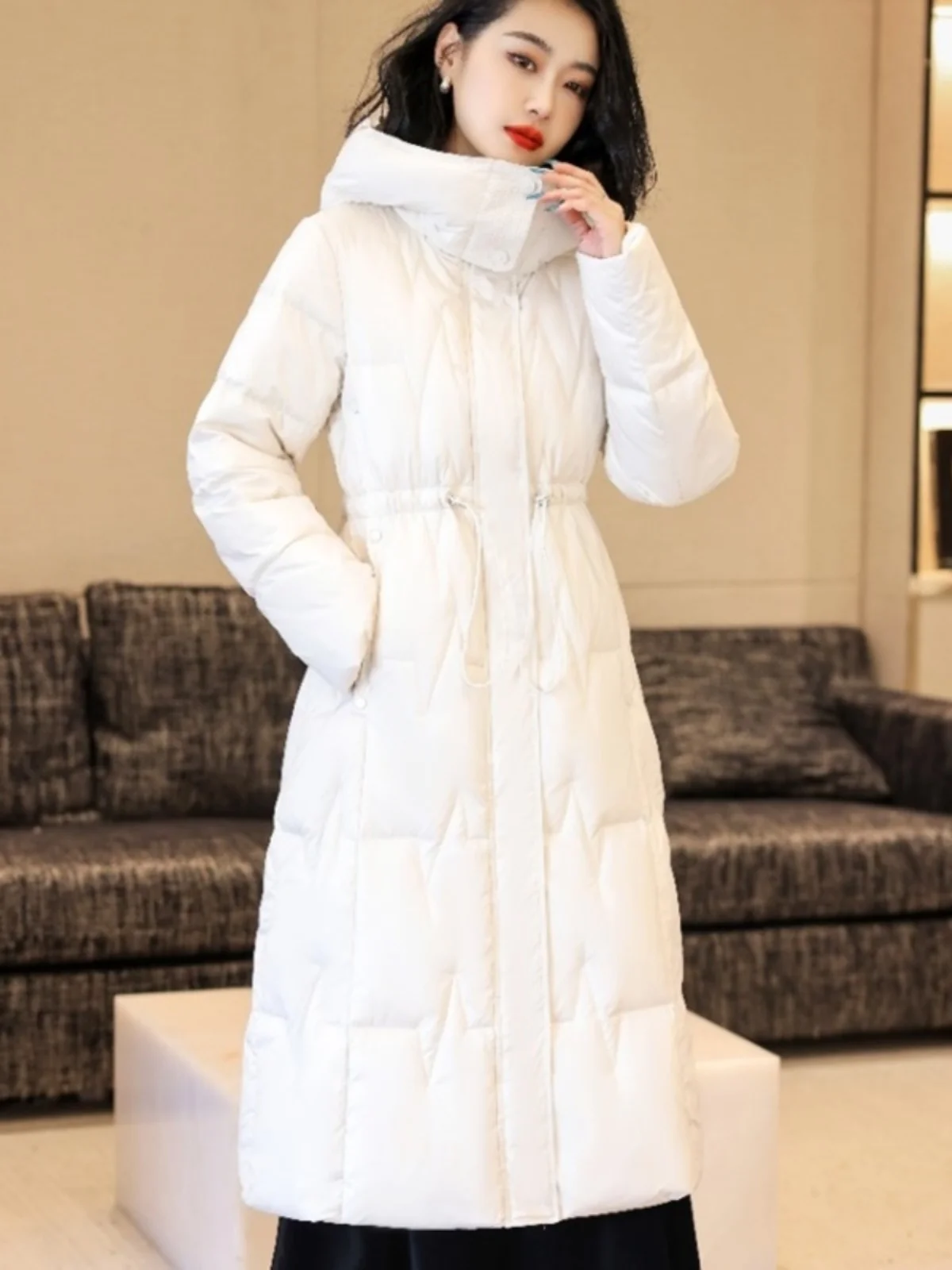 Chaqueta larga de plumón de pato blanco para mujer, abrigo de cintura informal, ajustado de otoño e invierno abrigo largo, con capucha hasta la rodilla, chaqueta acolchada gruesa y cálida