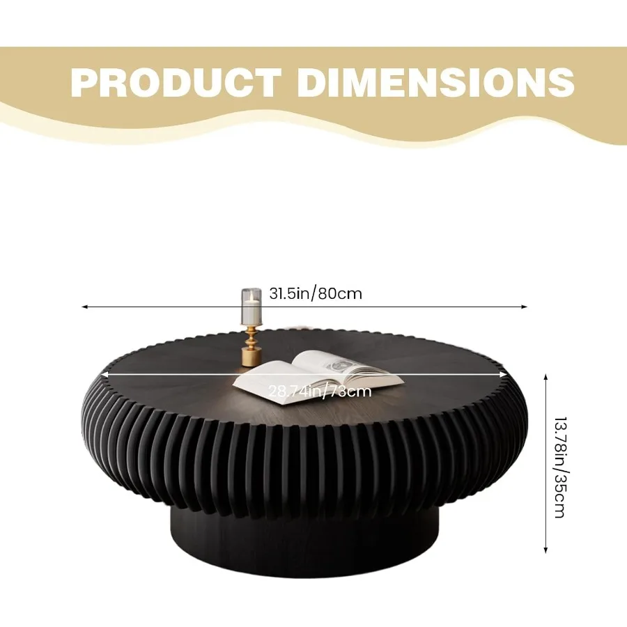 Round Fluted Coffee Table 31.5 for living room, solid wood, natural oak finish, minimalist design with tapered legs and smooth