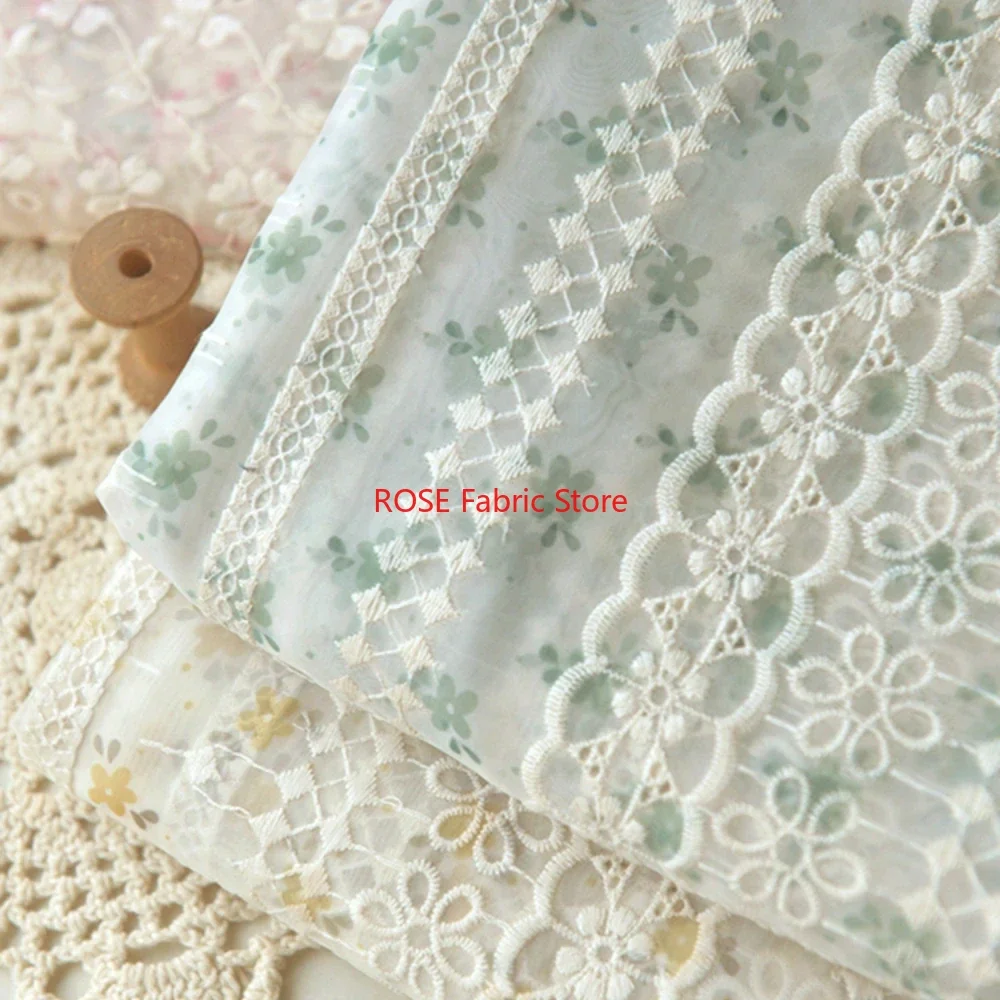 

Green-Yellow flower Diamond Stripes Embroidered Chiffon Fabric for Summer Dress, Princess Dress, Sewing Materials