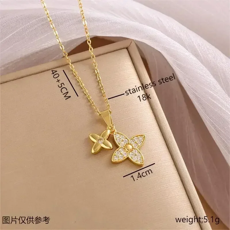 

Gold color-preserving electroplated women's collarbone necklace accessory four-leaf flower double necklace, versatile