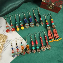 Ethnic Hand Made Bead Earrings for Women Retro Nepalese Tibetan Style Gemstones Tassel Dangle Earring Luxury Jewelry Exotic Gift