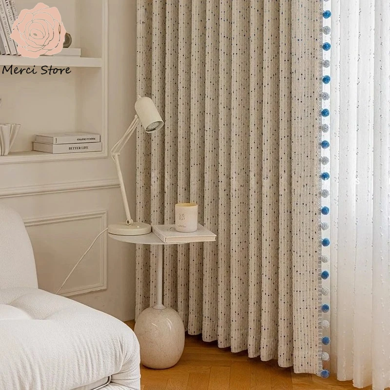 

French Luxury Blackout Cream Blue Ice Cream Jacquard Curtains for Living Room High Window Drapes Chenille Thermal Insulated