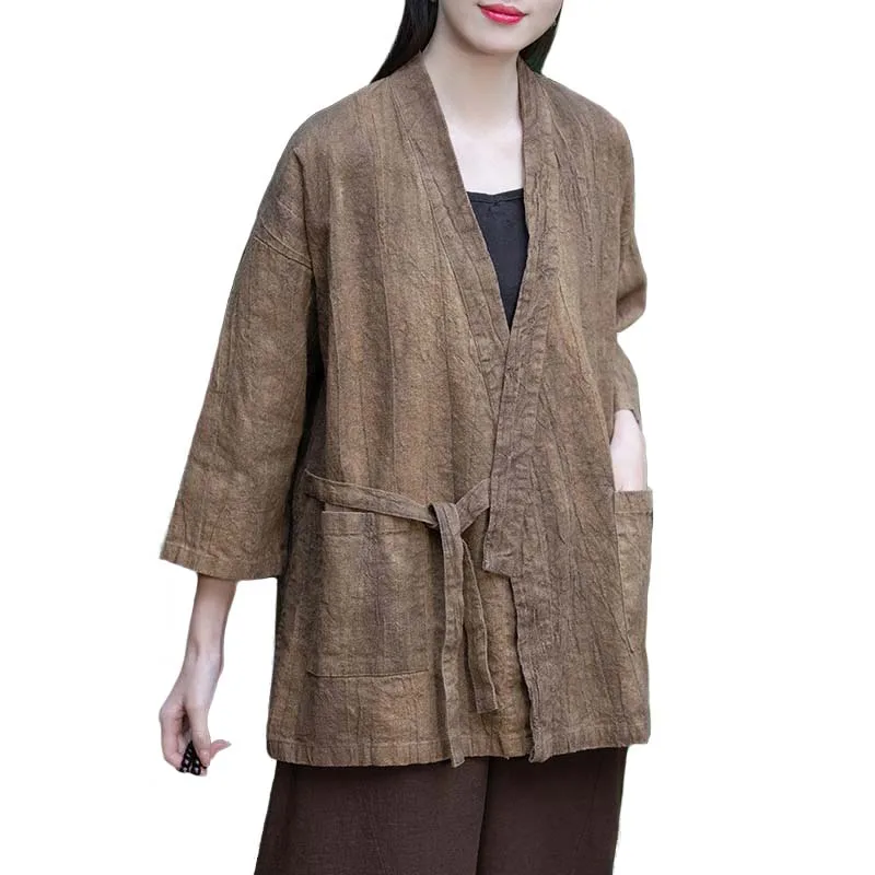 

Tie Dye Kimono Jacket Women Ramie Vintage Tie Front Jackets