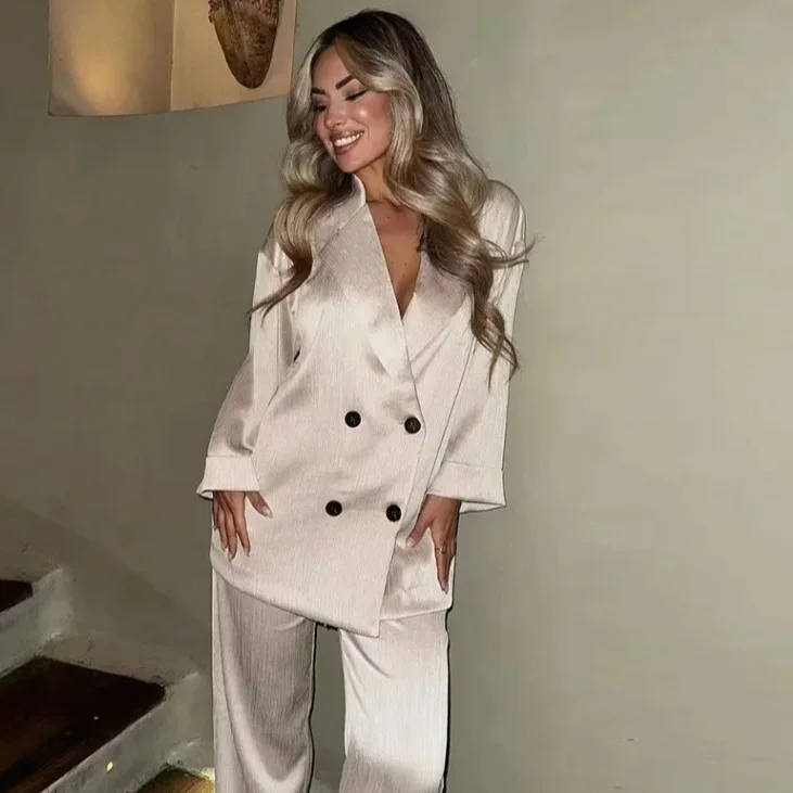 2025 outono feminino casual blazer casaco calças definir manga longa duplo breasted blazer + calças de perna larga senhora roupa de escritório