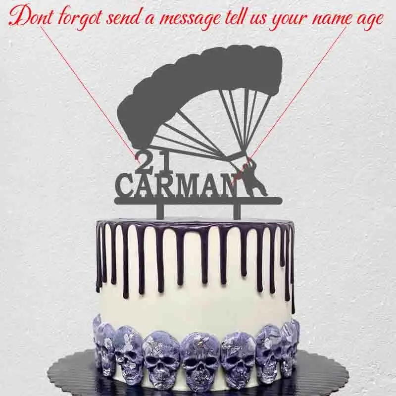 Personalized Extreme Sport Skydiving Cake Topper Custom Name Age Parachute Jump Silhouette For Paratrooper Birthday Decoration