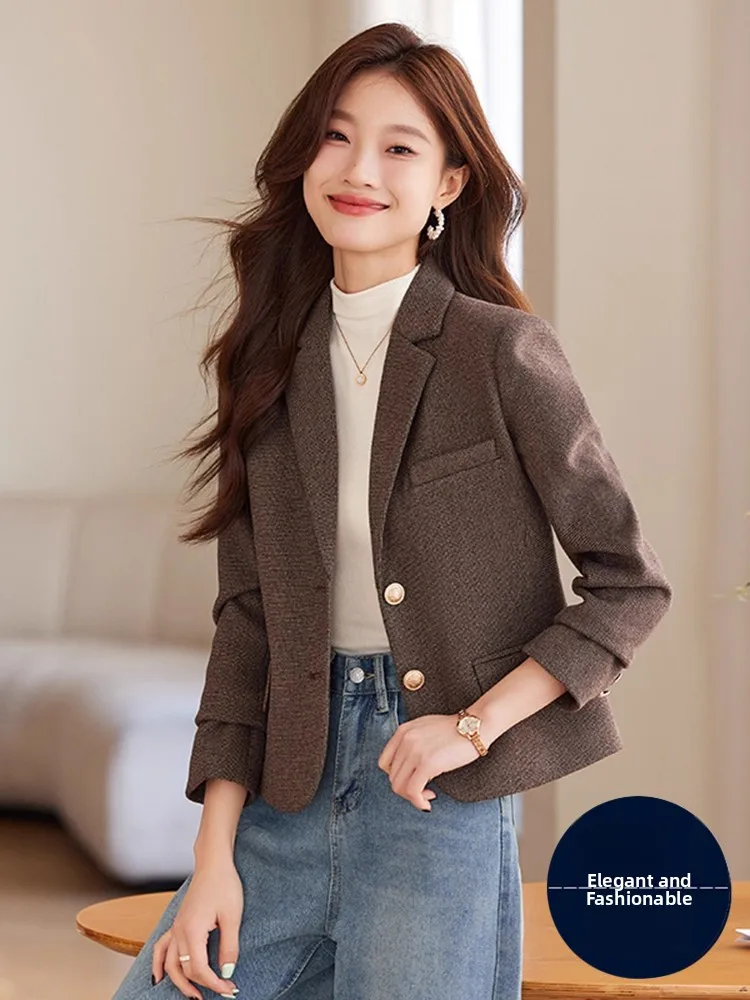 

Caramel Short Thickened Autumn Winter Short Suit Jacket for Women Commute Style Office Workwear Casual Interview Ready