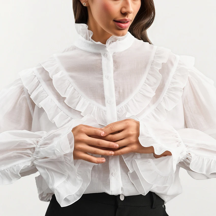 

Linad Elegant Ruffles White Turtleneck Blouse Woman Sexy Sheer Flare Sleeve Tops Autumn Vintage Long Sleeve Shirts Female 2025