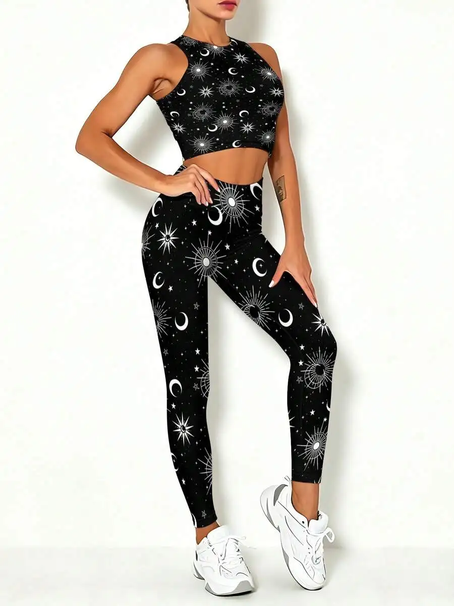 

Women Cosmic Print Yoga Set Quick Dry Vest And Leggings Star Moon Sunburst Pattern