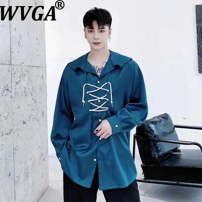 WVGA Spring Autumn New Men's High Street Deep V-Neck Trendy Long Sleeve Shirts Niche Chic Casual Bandage Vintage Tops Ins W23782