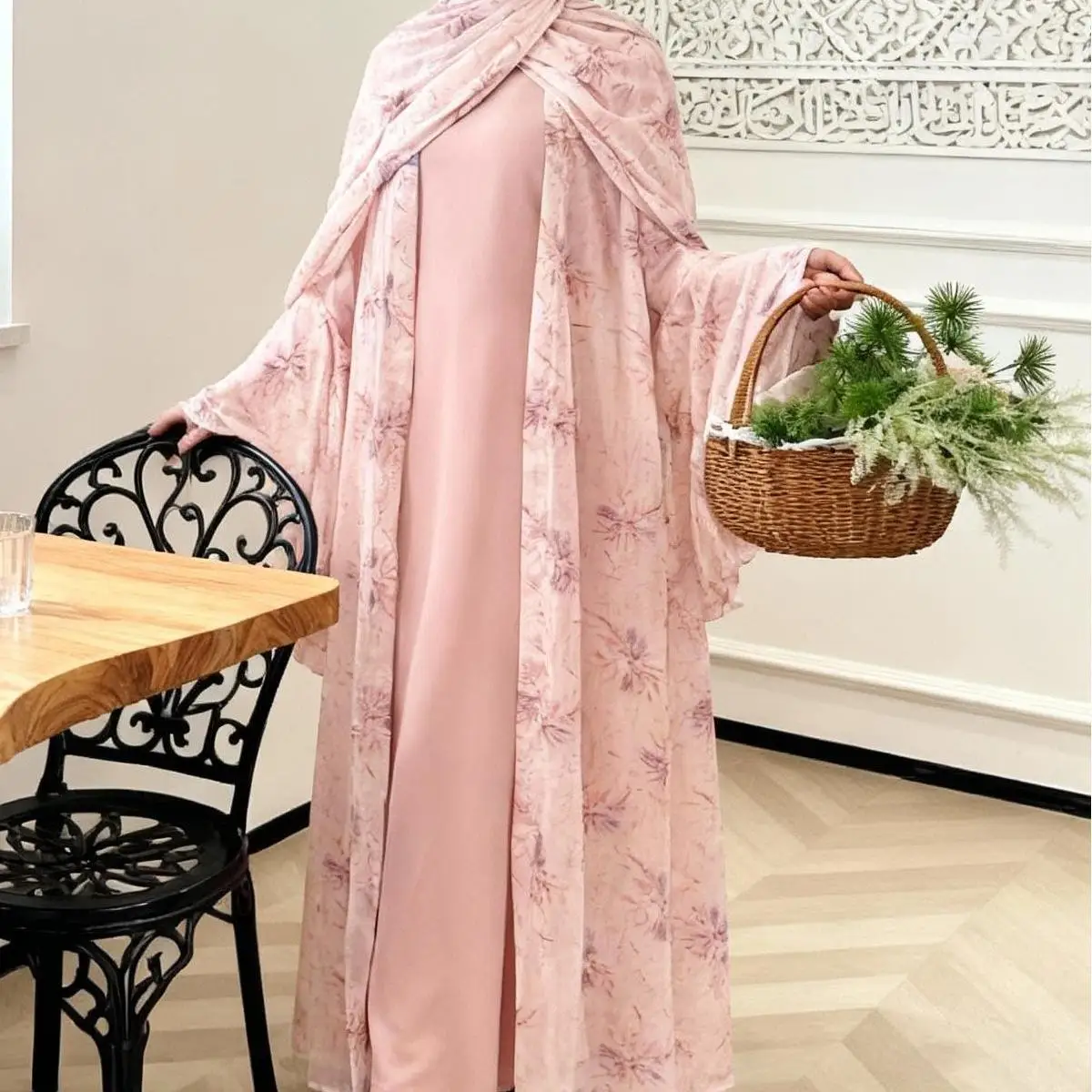 

Women Elegant Pink Chiffon Printed Dress Open Kimono Abaya Dubai Floral Pattern Slim Fit Dress Summer Casual Fashion Vestidos