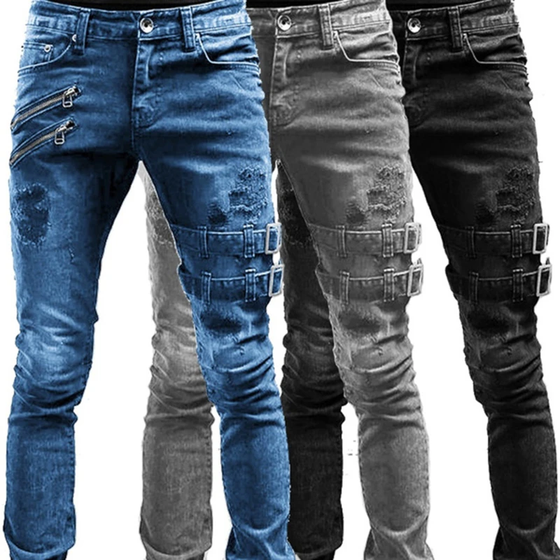 Jean Slim Déchiré pour Homme, Long Denim Fjskinny, avec Poches, Bretelles Latérales et Fermeture Éclair, Pantalon de Jogging Extensible Détruit