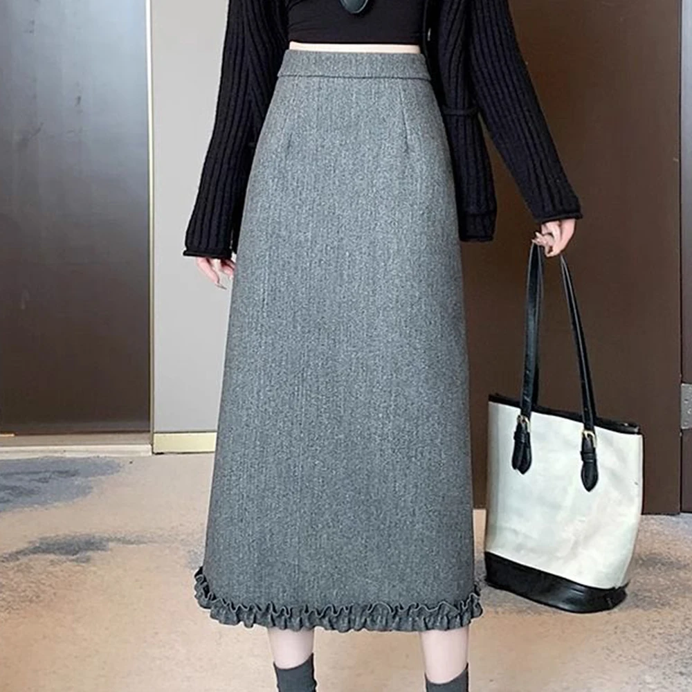 Falda recta envuelta en la cadera gruesa de terciopelo de invierno para mujer con brotes de lana gris falda de un solo paso dividida de cintura alta