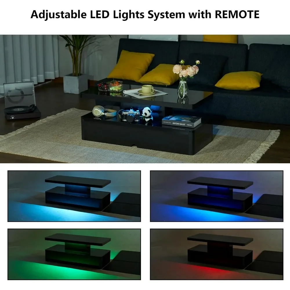 Coffee Table, Modern Stylish Coffees Tables with 16 Colors LED Lights, Double-Layer Design for Living Room, Black