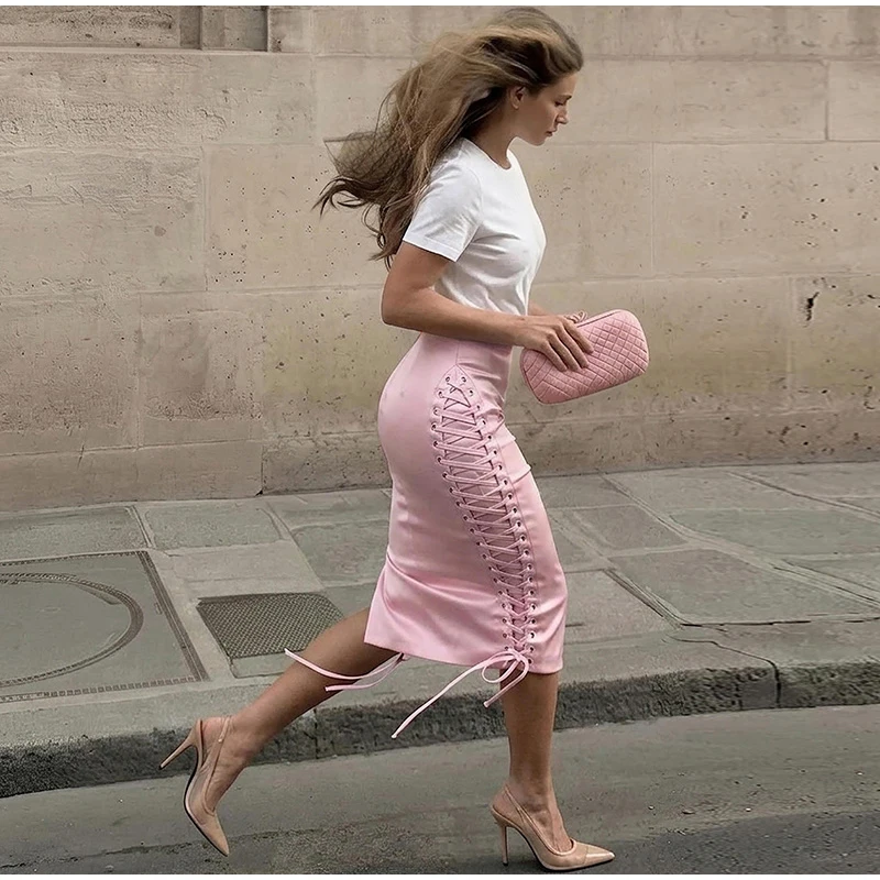 Seitlich gebundener, figurbetonter Midirock für Damen, sexy, hohe Taille, Hüftbetonter Schnitt, Schnürung, figurbetonter Rock, charmante Damenmode, einfarbig, schmal geschnitten, neu für Partys. – Detail 1