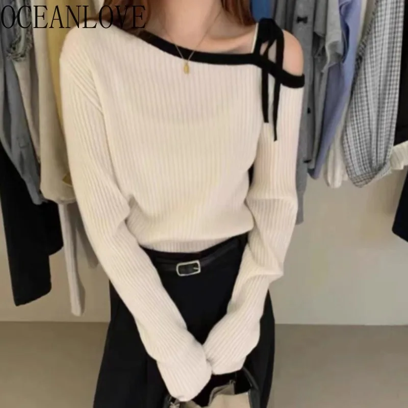 

OCEANLOVE Contrast Color Women Sweaters Skew Collar Elegant Autumn Winter Pullovers Korean Fashion Chic Retro Pull Femme