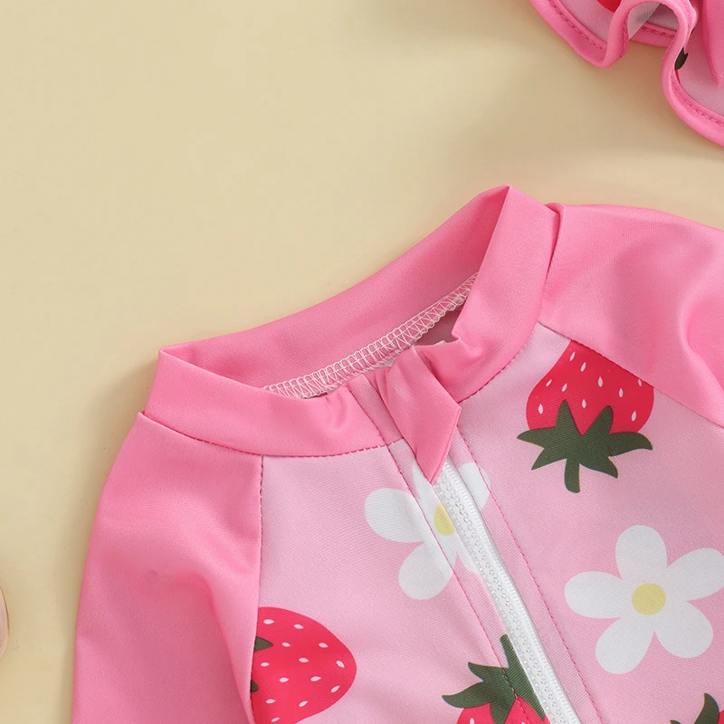 0-3Years Baby Girls Swimsuit Strawberry Flower Cartoon Bikini with Hat Newborn Swimwear for Summer Bathing Suit