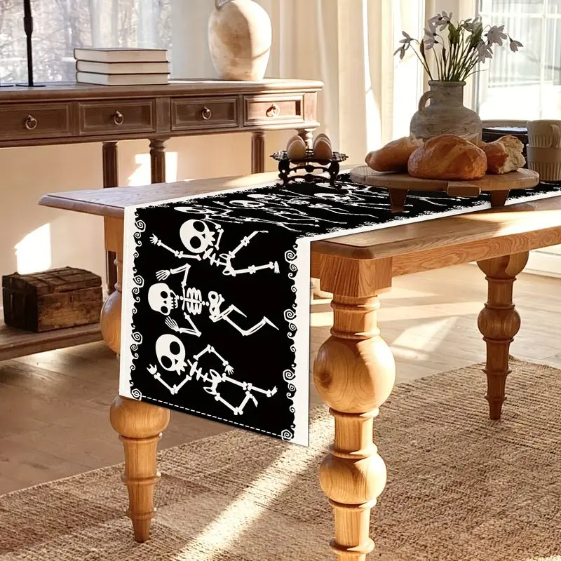 VIKAMA Dancing Skeleton Halloween Table Runner Black White Skull Indoor Kitchen Dining Table Holiday Party Home Decor