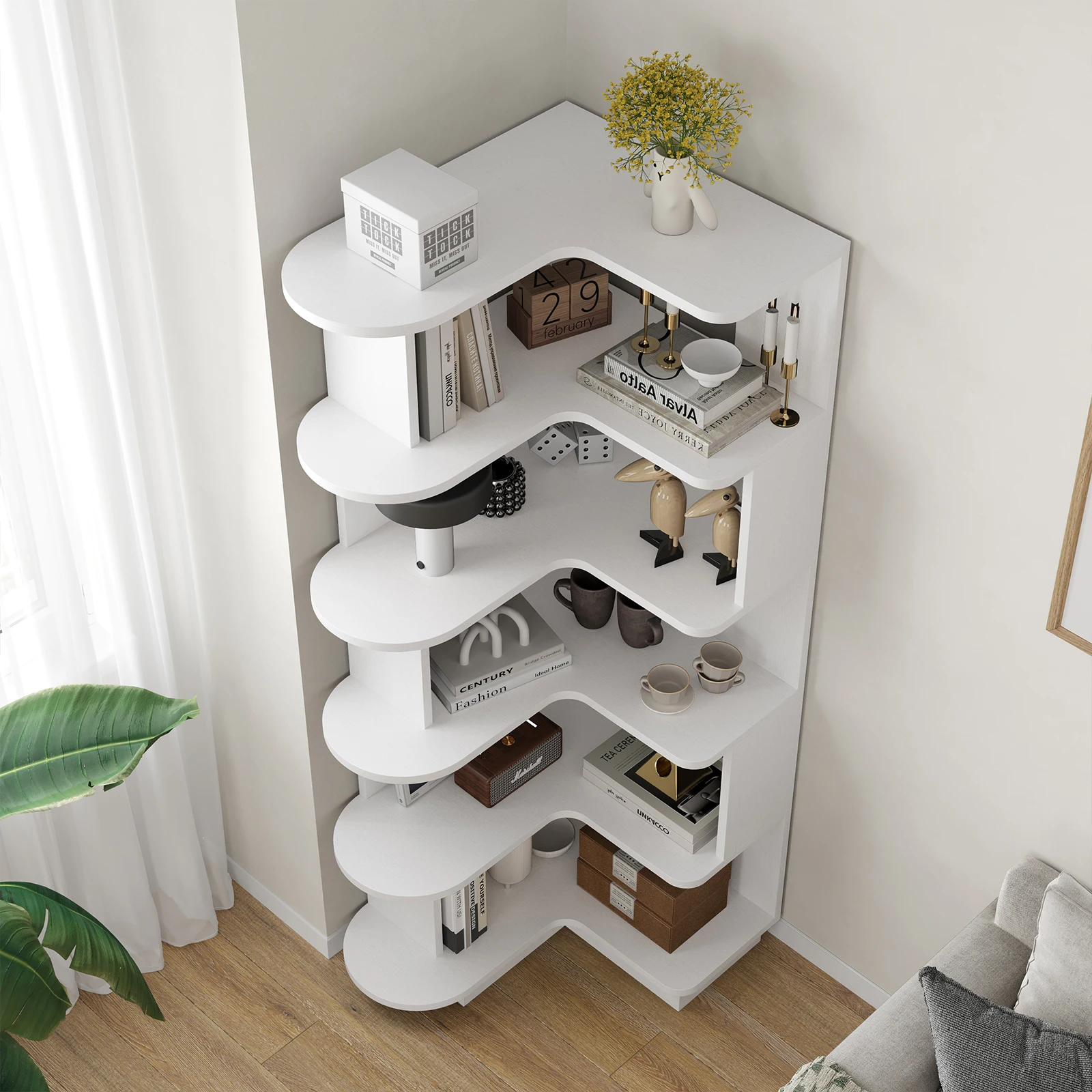 L字型本棚 自立型収納棚＆ディスプレイスタンド リビングルーム、オフィス、寝室用 ファリーニ 5段コーナー本棚