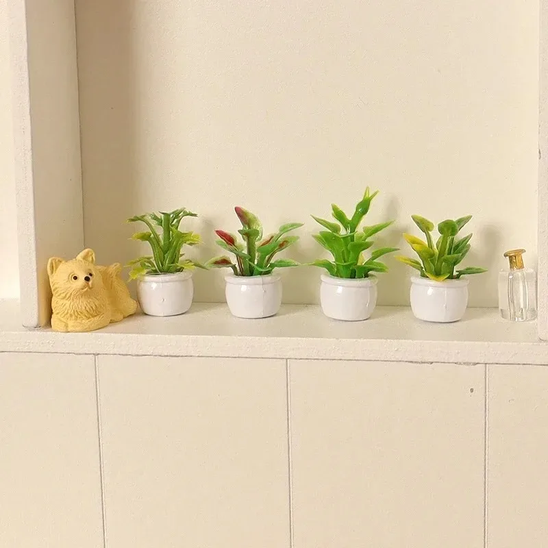 4 Stücke 1:12 Puppenhaus Miniatur Grünes Blatt Topfpflanzen Blumentopf Bonsai Modell Garten Dekor Spielzeug Puppenhaus Zubehör