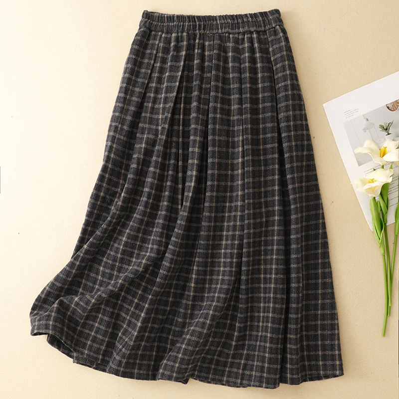 Spódnica w kratę Thiened, krój A, brązowa, z wysokim stanem, elastyczna talia, wełniana, długa spódnica, jesień-zima, uniwersalna, do pracy, ciepła.