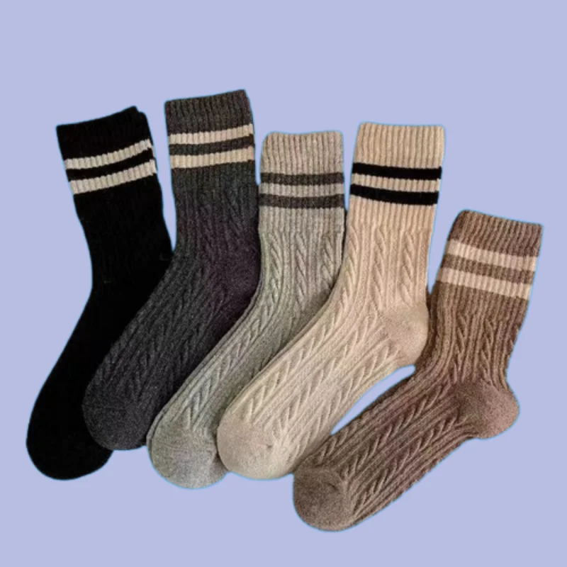 Chaussettes mi-mollet à double barre rayée japonaise pour femmes, chaussettes rétro Pys, marron, chaud, torsadé, optique, automne, hiver, nouveau, 5/10 paires