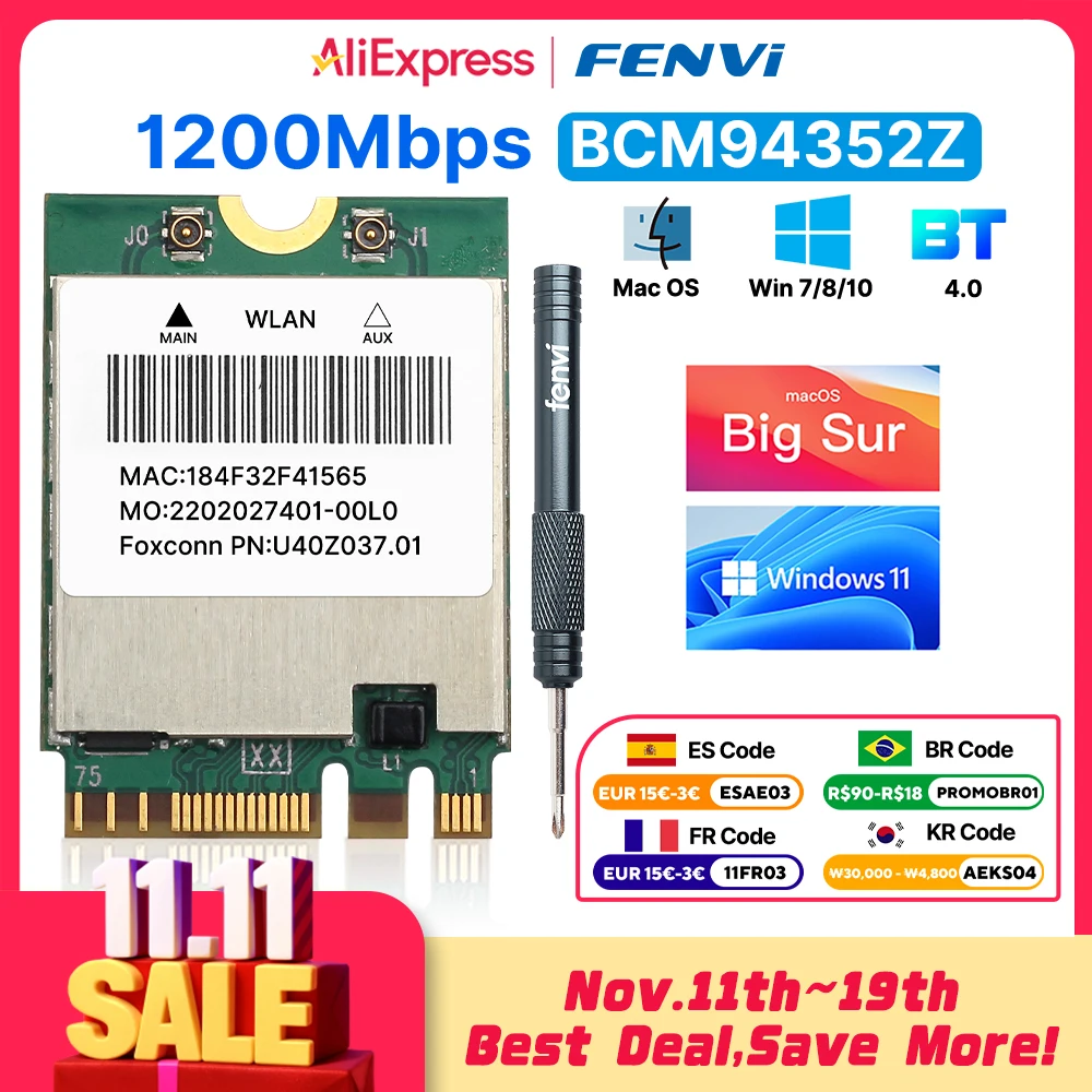 

fenvi 1200 Мбит/с BCM94352Z Wi-Fi сетевая карта Bluetooth 4,0 двухдиапазонный адаптер 5G/2,4 ГГц BCM94352 DW1560 NGFF M.2 для Hackintosh mac