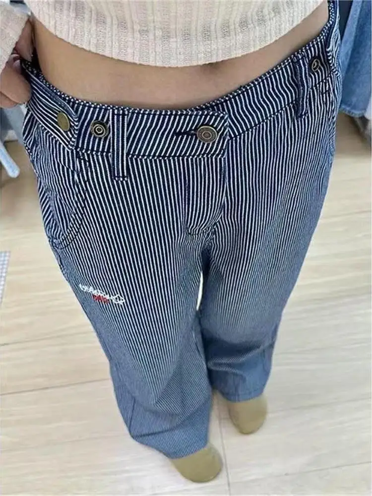 Amerykańskie retro, luźne, szerokie nogawki, niebieskie jeansy w paski, unikalny design, do dojazdów do pracy, długość do podłogi, spodnie codzienne, wysoki stan, zamek błyskawiczny.